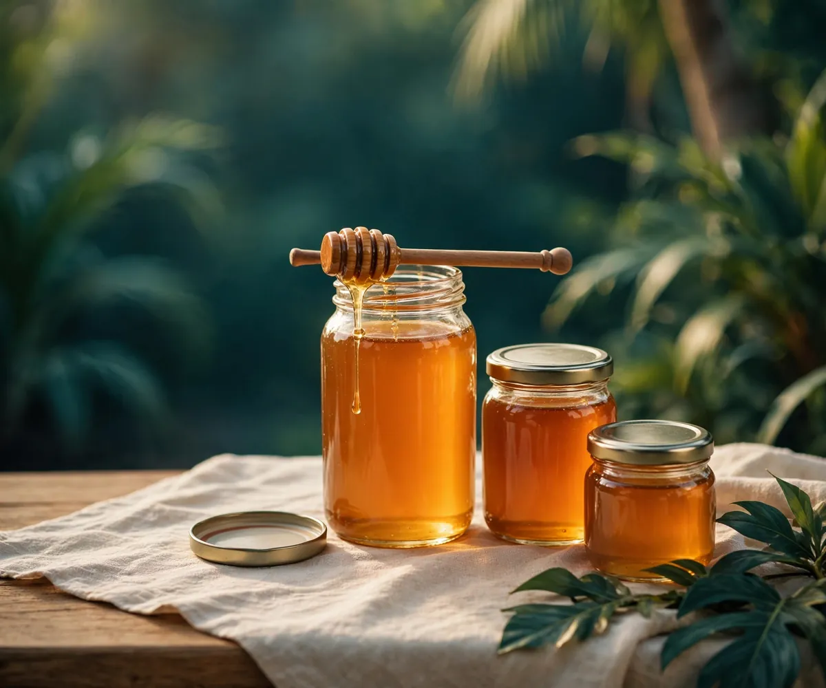 Illustration of three glass honey jars glowing amber in low sun on sand linen, a wooden dipper resting on the tallest jar