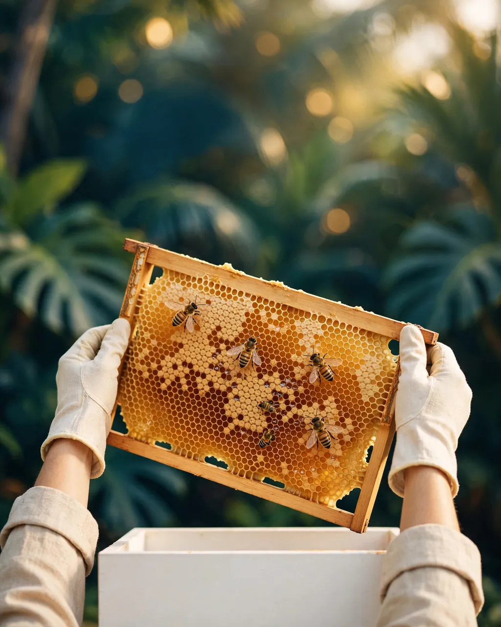 Illustration of gloved hands lifting a hive frame of capped honeycomb, a few honeybees on the comb
