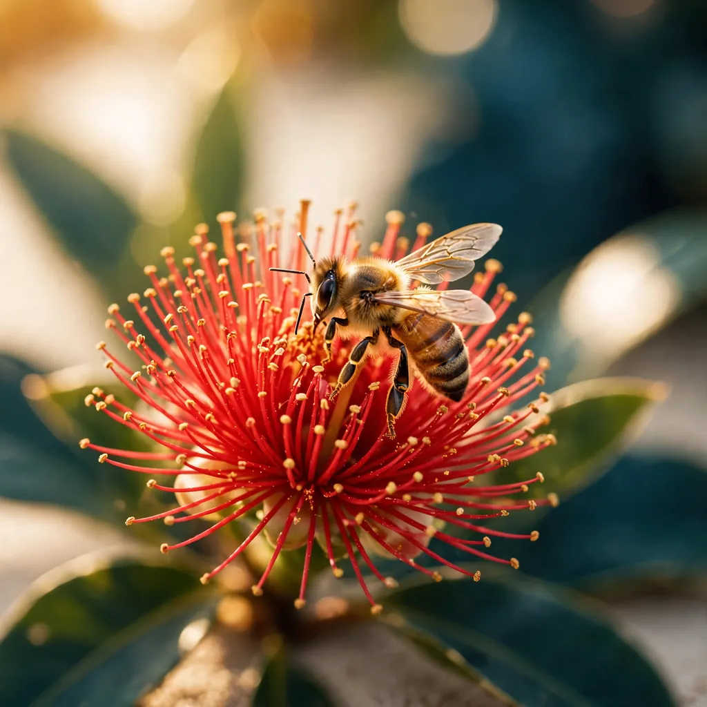 Illustration of a honeybee on a red ʻōhiʻa lehua blossom