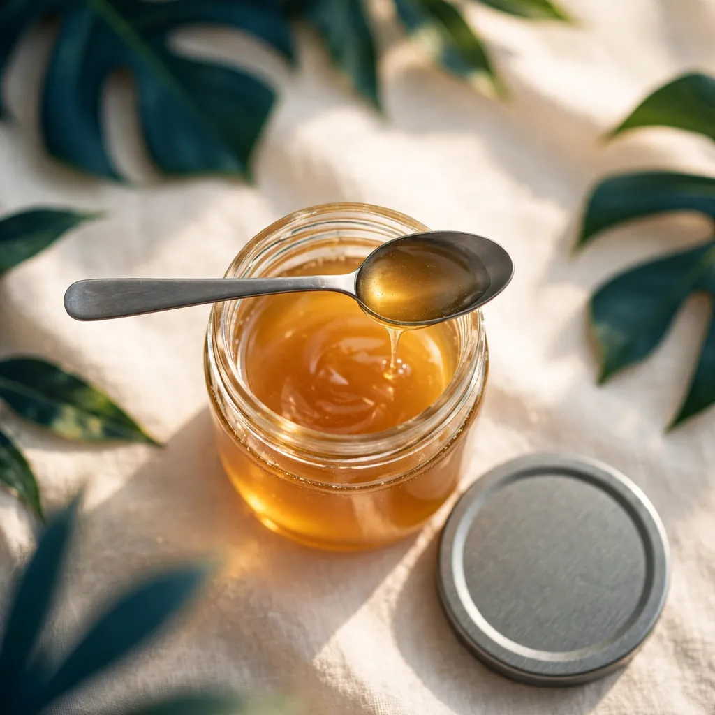 Illustration of an open jar of honey seen from above with a spoon across the rim