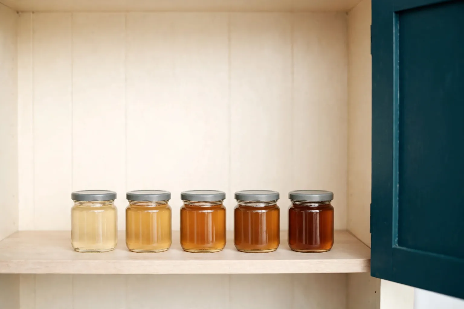 Illustration of five small honey jars in a row on a cupboard shelf, in shades from pale straw to deep amber