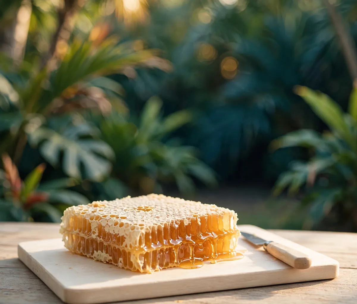 Illustration of a hand-sized piece of cut honeycomb on a pale wooden board with a small knife