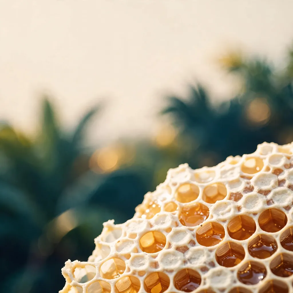 Illustration of honeycomb close up, pale wax hexagons with honey shining in the open cells