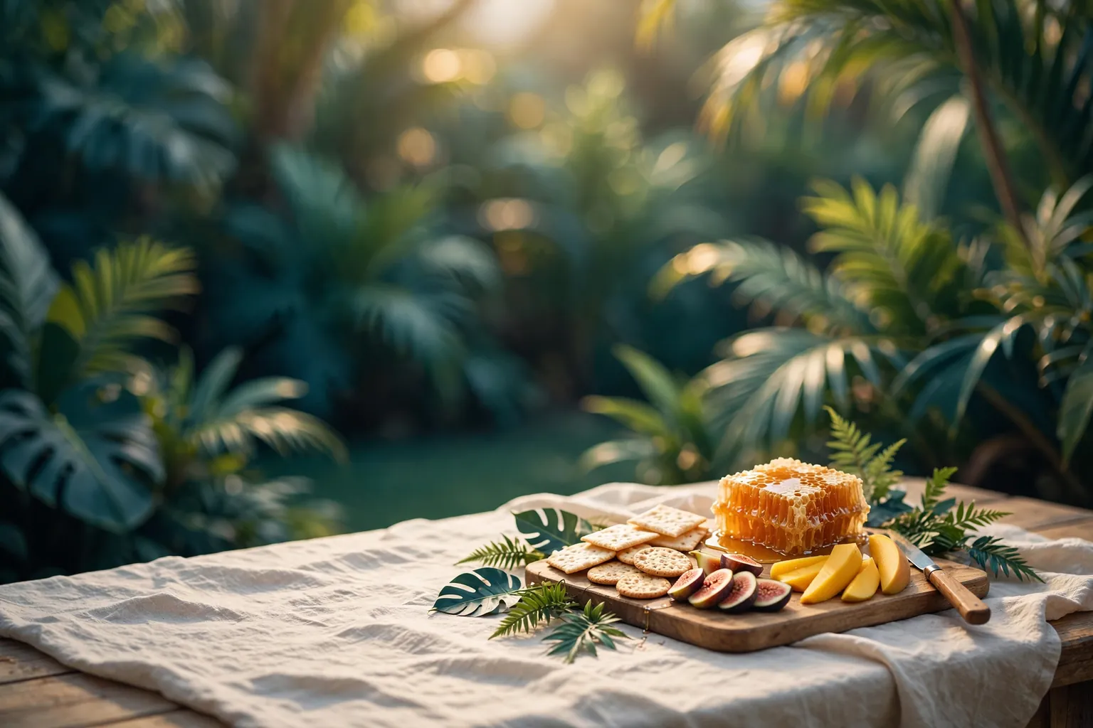 Illustration of a cheese board with a piece of honeycomb, crackers and sliced fruit