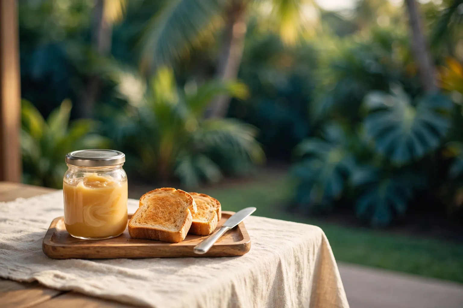 Illustration of a wooden tray with a jar of creamed honey, toast and a butter knife on a sunny lanai table
