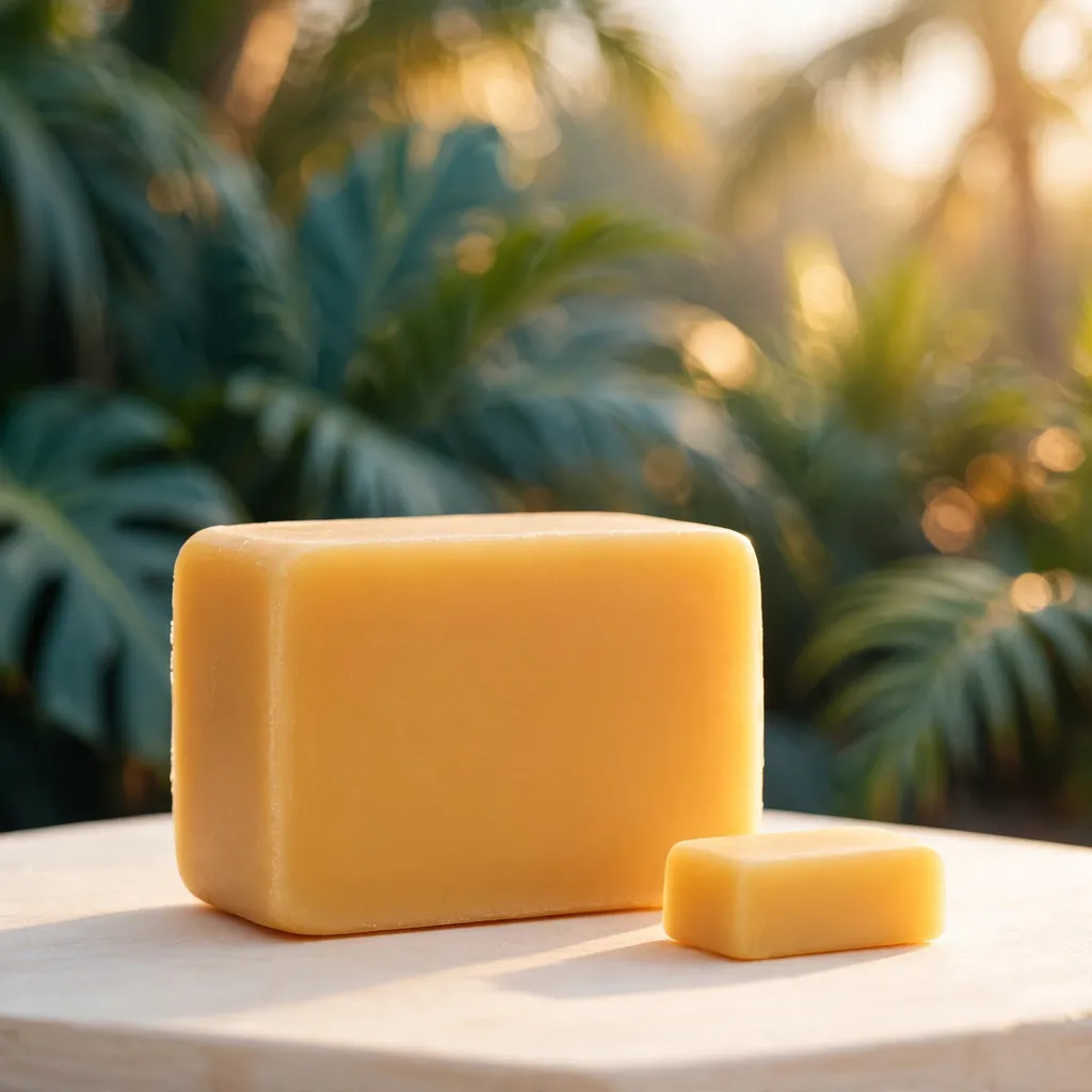 Illustration of a smooth golden beeswax block and a small matching bar on a pale board