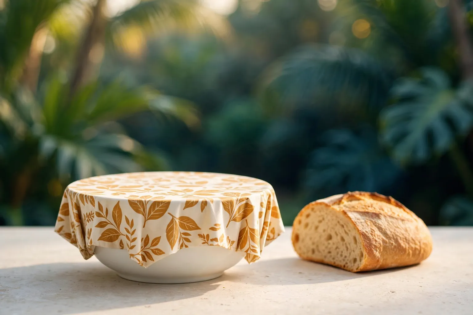 Illustration of a leaf-print beeswax food wrap pressed snugly over a white bowl, half a crusty loaf beside it