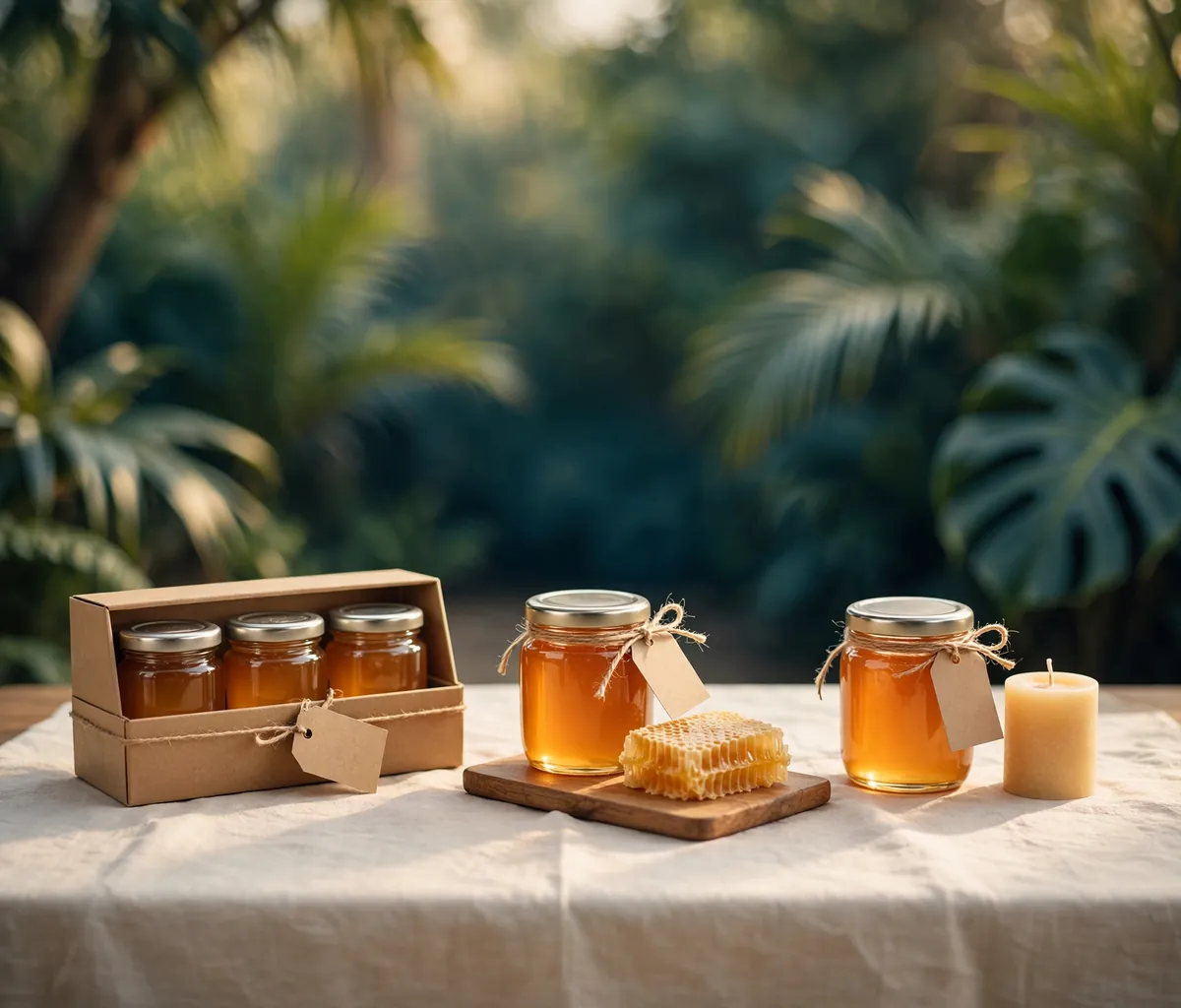Illustration of three honey gift pairings tied with twine and blank kraft tags