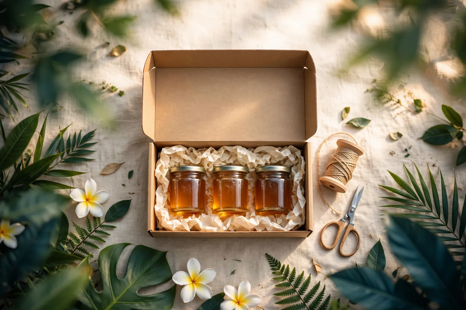 Illustration of an open kraft gift box holding three small honey jars, seen from above