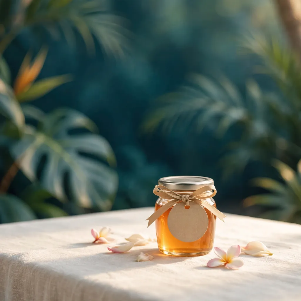 Illustration of one tiny honey favor jar with a ribbon bow and a blank round tag