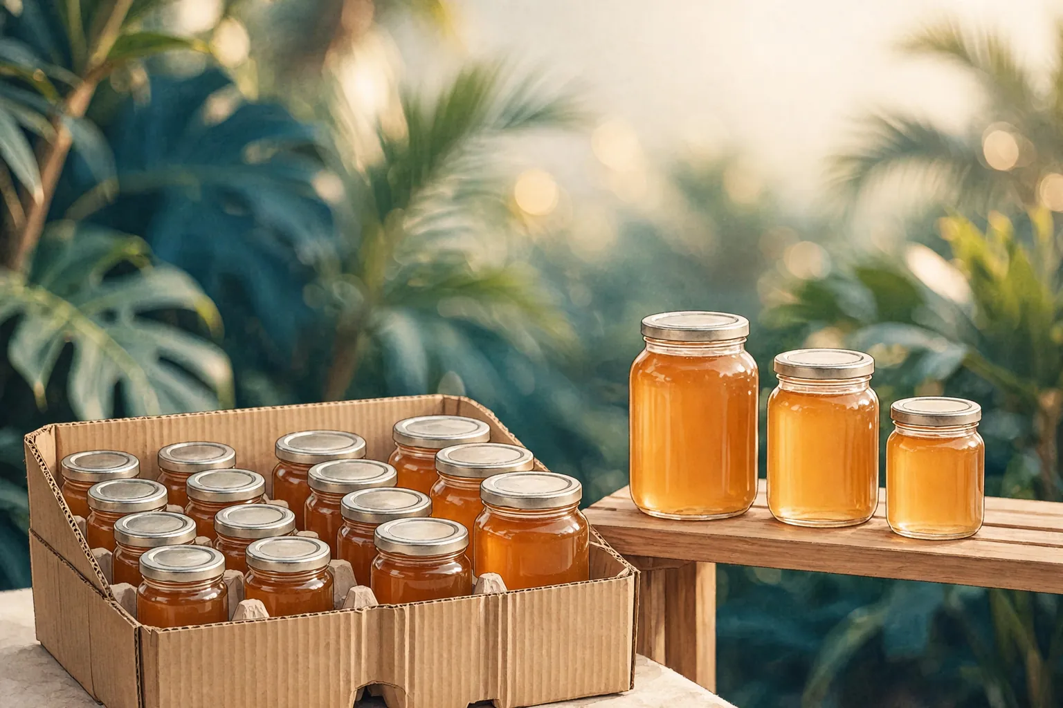 Illustration of an open carton of unlabeled honey jars beside a simple wooden shop shelf holding jars in three sizes