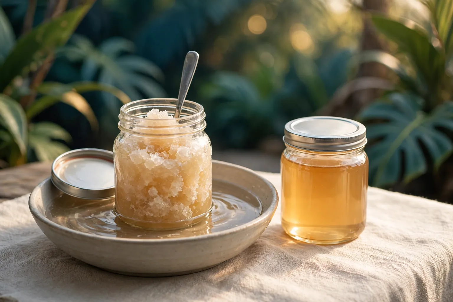 Illustration of a jar of crystallized honey standing in a bowl of warm water beside a jar of clear honey