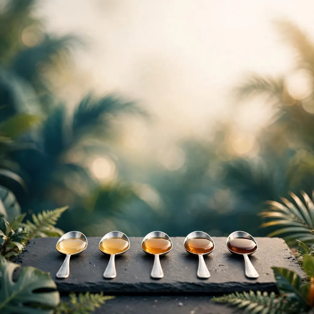 Illustration of tasting spoons holding honey in shades from pale gold to dark amber
