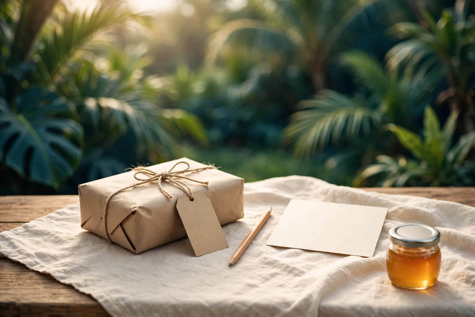 Illustration of a parcel wrapped in kraft paper and twine with a blank tag, a notecard and a small honey jar