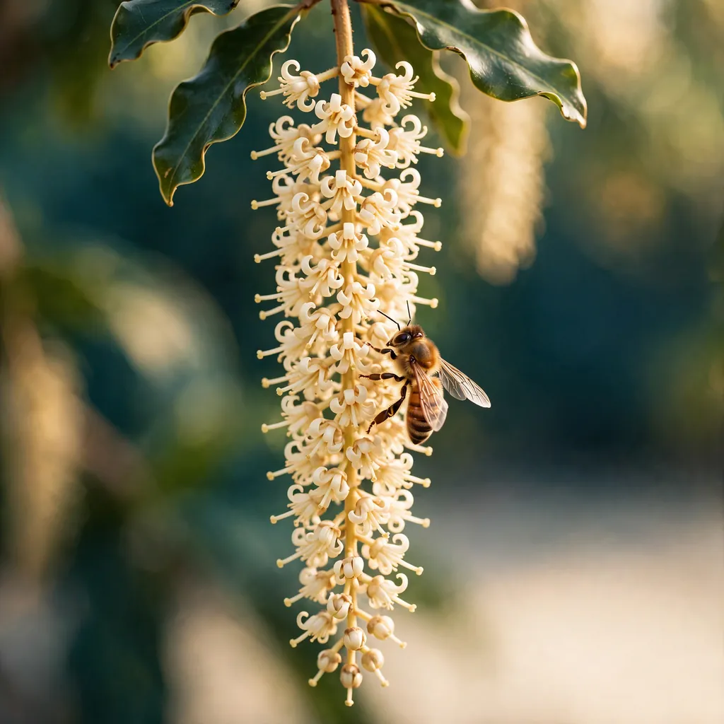 Illustration of a honeybee visiting creamy-white macadamia nut blossoms