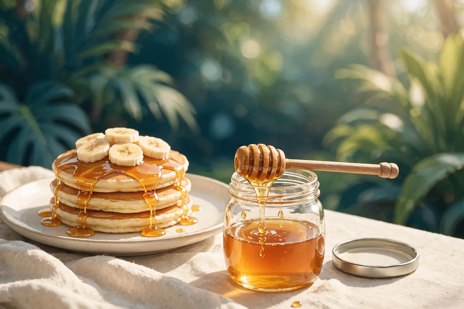Illustration of a short stack of pancakes with sliced banana and honey, beside an open jar with a wooden dipper
