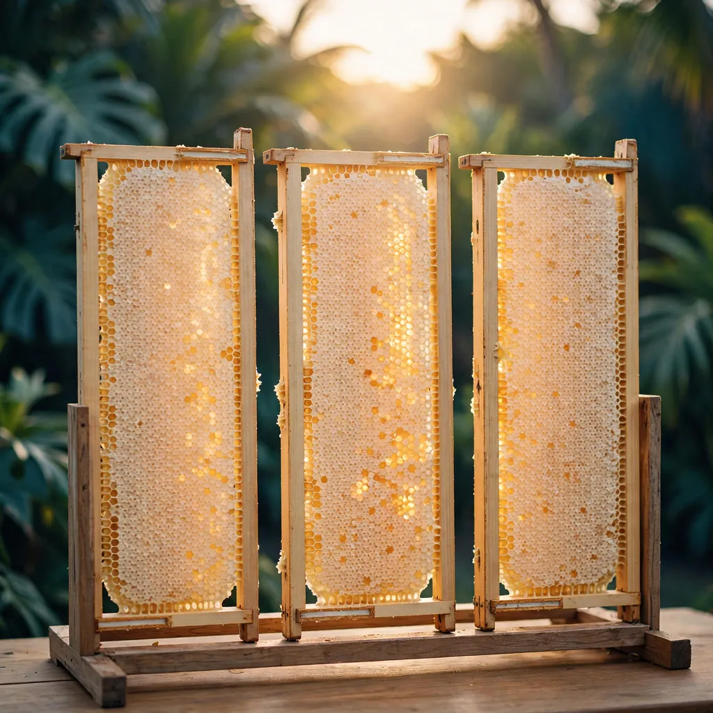 Illustration of wooden hive frames of capped honeycomb standing in a rack with warm light through the wax