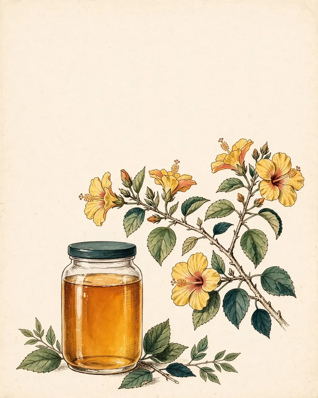 Gouache and ink plate of a glass honey jar beside a branch of yellow hibiscus in bloom