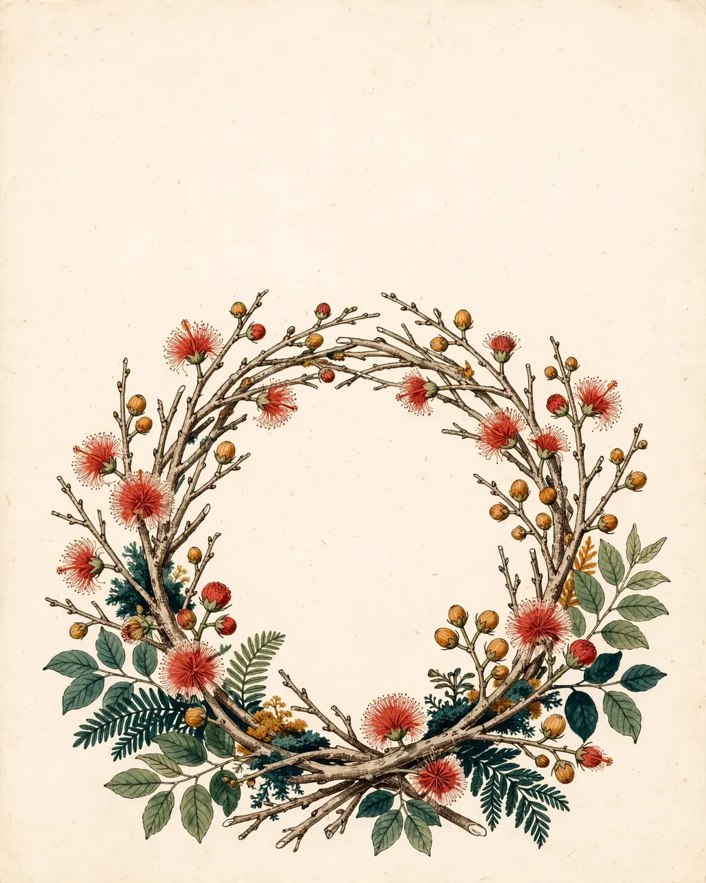 Gouache and ink plate of a round wreath of ʻōhiʻa lehua twigs with red blossoms around an empty space