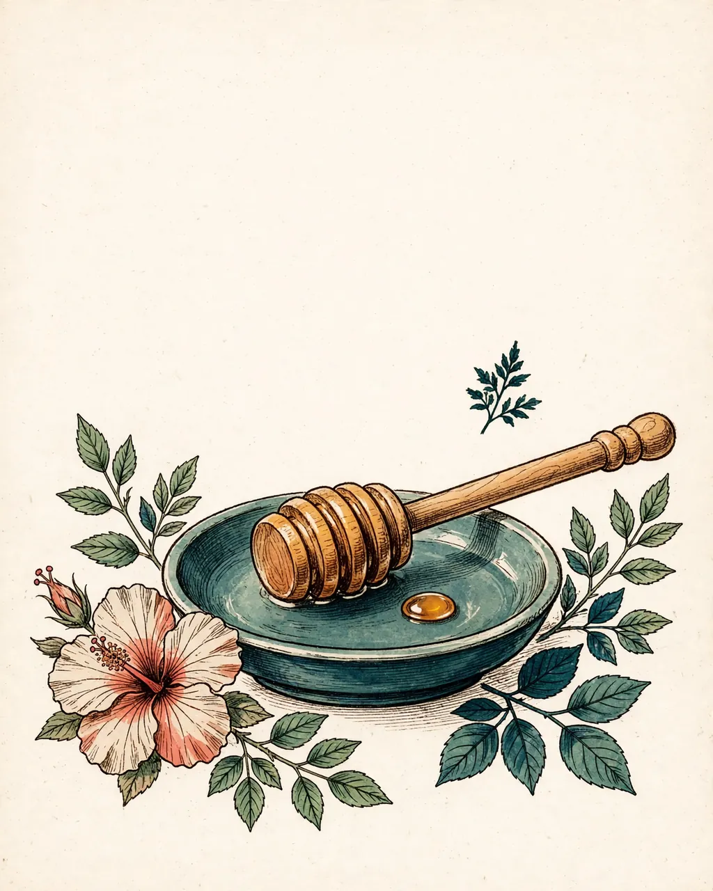 Gouache and ink plate of a wooden honey dipper resting across a small dish holding one drop of honey
