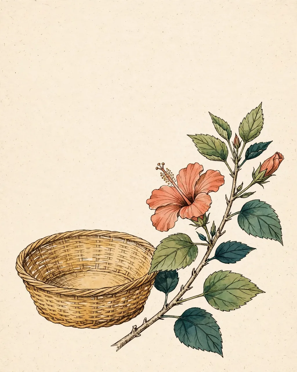 Gouache and ink plate of an empty open woven basket beside a hibiscus branch