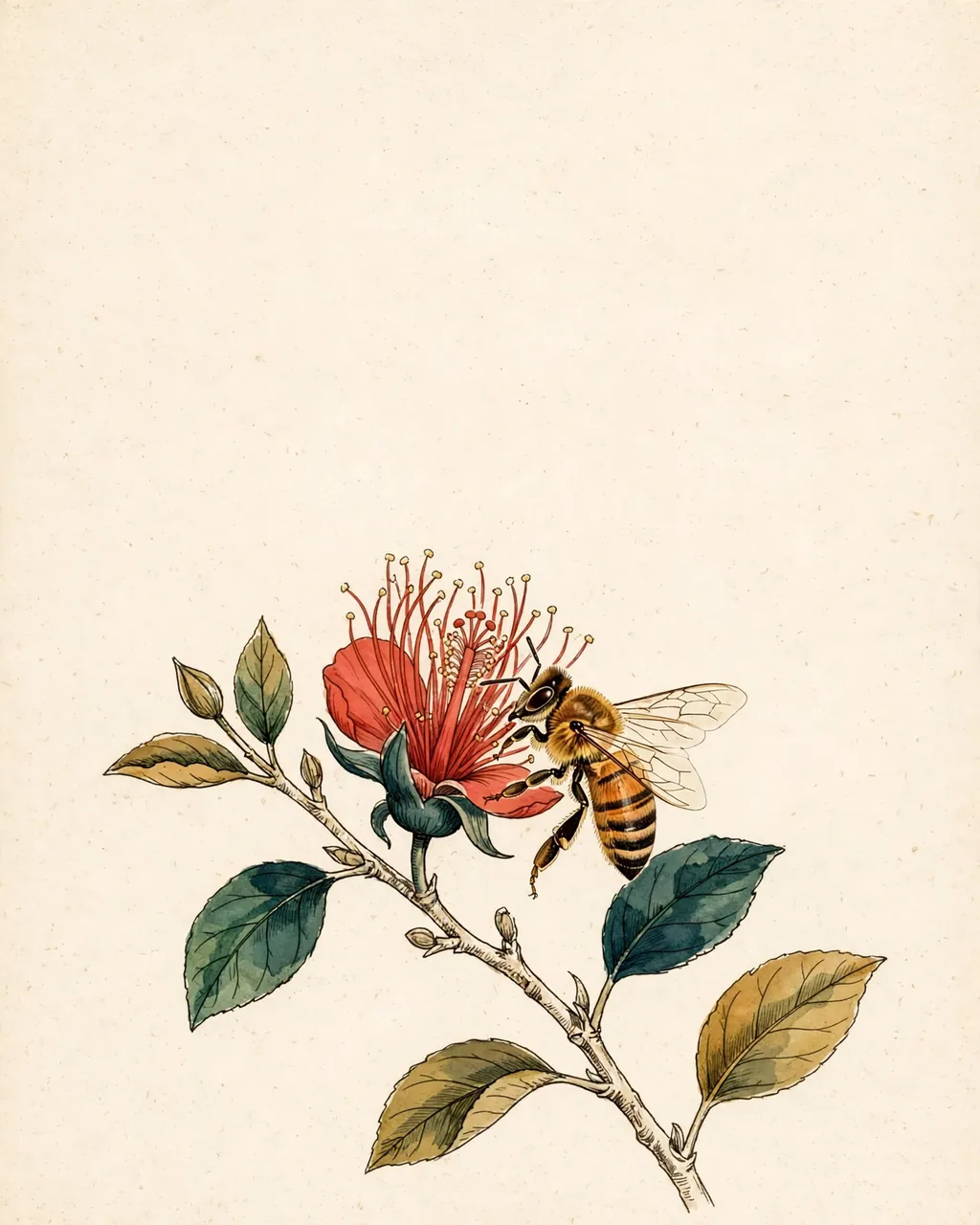 Gouache and ink plate of a honeybee gathering nectar from a red ʻōhiʻa lehua blossom