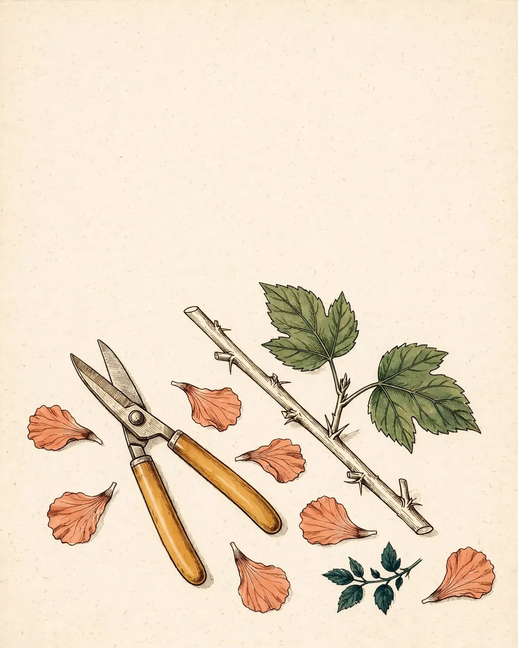 Gouache and ink plate of small garden shears beside a trimmed hibiscus stem and fallen petals