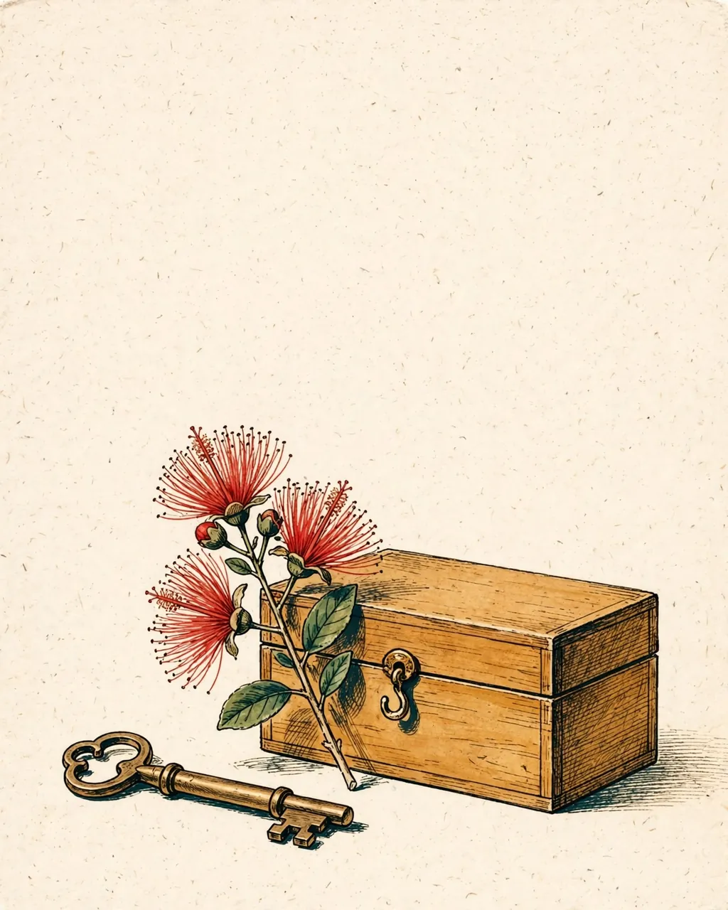 Gouache and ink plate of an old brass key beside a small latched wooden box with a sprig of red ʻōhiʻa lehua blossoms