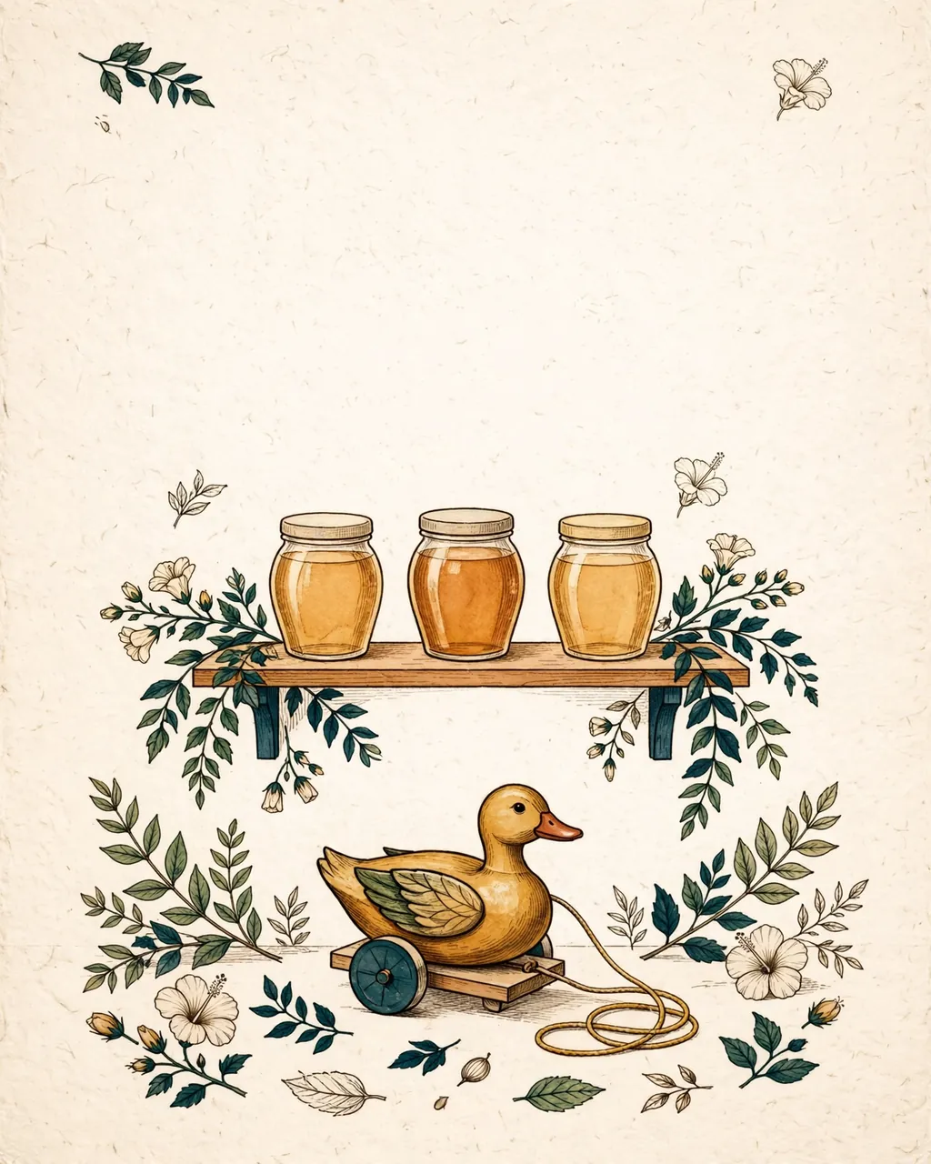 Gouache and ink plate of a small wooden pull-along toy below a high shelf of closed honey jars