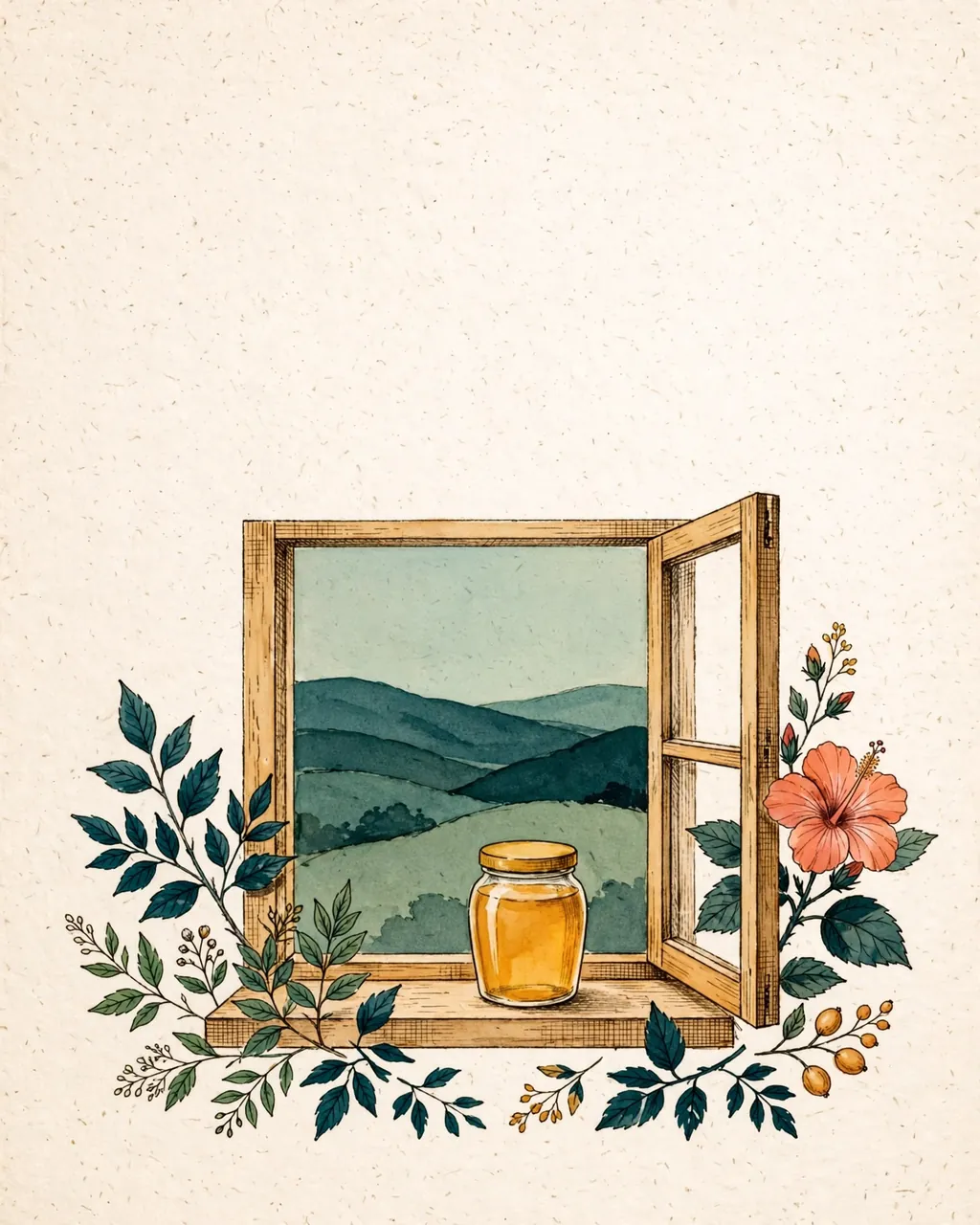 Gouache and ink plate of a wooden window frame open onto green hills with a honey jar on the sill