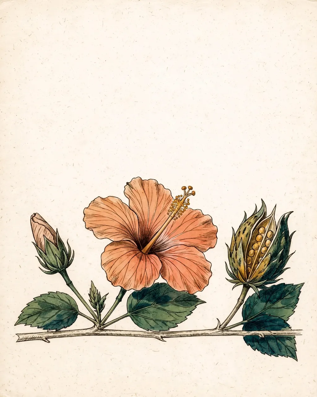 Gouache and ink plate of a hibiscus stem showing a bud, an open flower and a seed pod